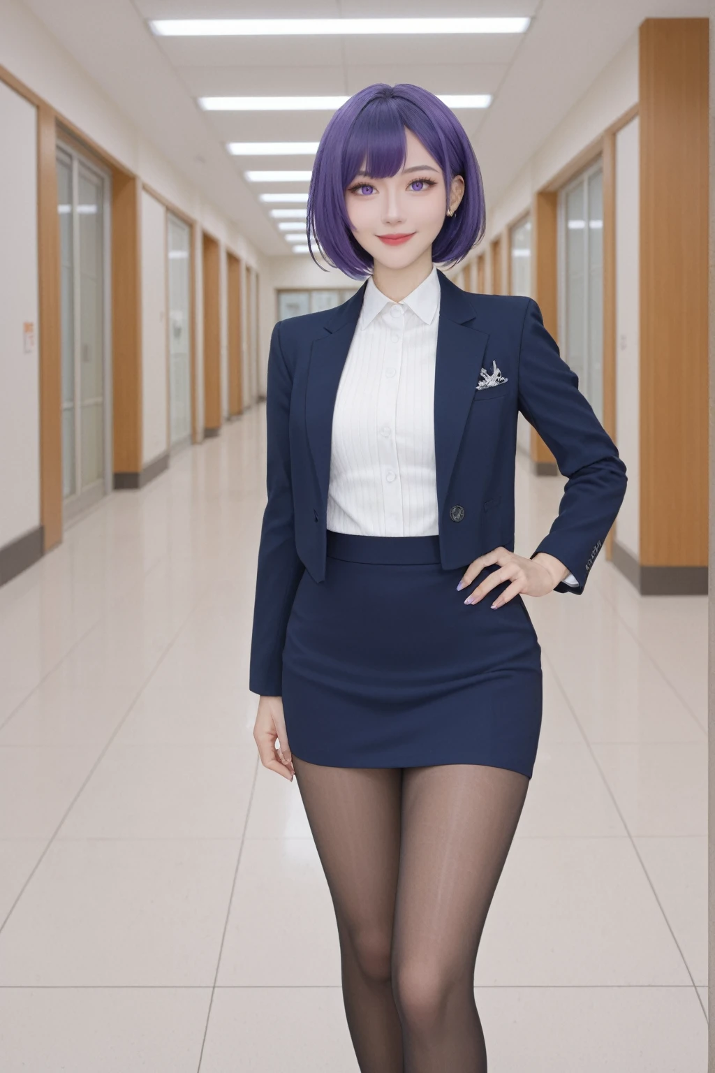realistic,score_9, score_8_up, score_7_up, BREAK,
 In a scene inspired by "Honkai: Star Rail," a girl from the Acheron faction is depicted. She has purple hair, styled long and flowing, with one eye partially hidden behind her hair, adding a mysterious allure to her expression. Her purple eyes are a striking feature, complementing her unique hairstyle.
She is dressed in a suit jacket, thigh-high band pantyhose, and a high-waist skirt, paired with a ribbed sweater. Her attire is both professional and stylish, reflecting her character's background in the game. She stands confidently, with one hand on her hip, and her posture suggests a sense of pride and authority.
The girl is captured in a full-body portrait, looking directly at the viewer with a light smile. This pose and expression create a connection between her and the audience, inviting them into her world. The setting is an office indoors, with a depth of field that adds to the realism of the scene.