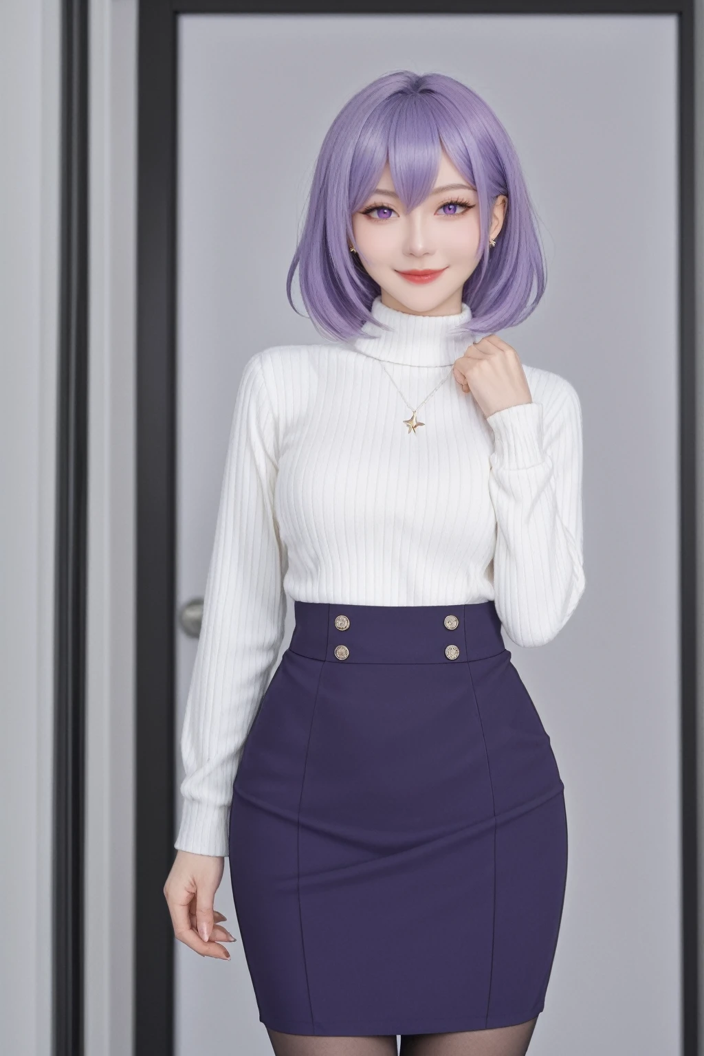 realistic,score_9, score_8_up, score_7_up, BREAK,
In a scene inspired by "Honkai: Star Rail," a girl from the Acheron faction is depicted. She has purple hair, styled long and flowing, with one eye partially hidden behind her hair, adding a mysterious allure to her expression. Her purple eyes are a striking feature, complementing her unique hairstyle.
She is dressed in a suit jacket, thigh-high band pantyhose, and a high-waist skirt, paired with a ribbed sweater. Her attire is both professional and stylish, reflecting her character's background in the game. She stands confidently, with one hand on her hip, and her posture suggests a sense of pride and authority.
The girl is captured in a full-body portrait, looking directly at the viewer with a light smile. This pose and expression create a connection between her and the audience, inviting them into her world. The setting is an office indoors, with a depth of field that adds to the realism of the scene.