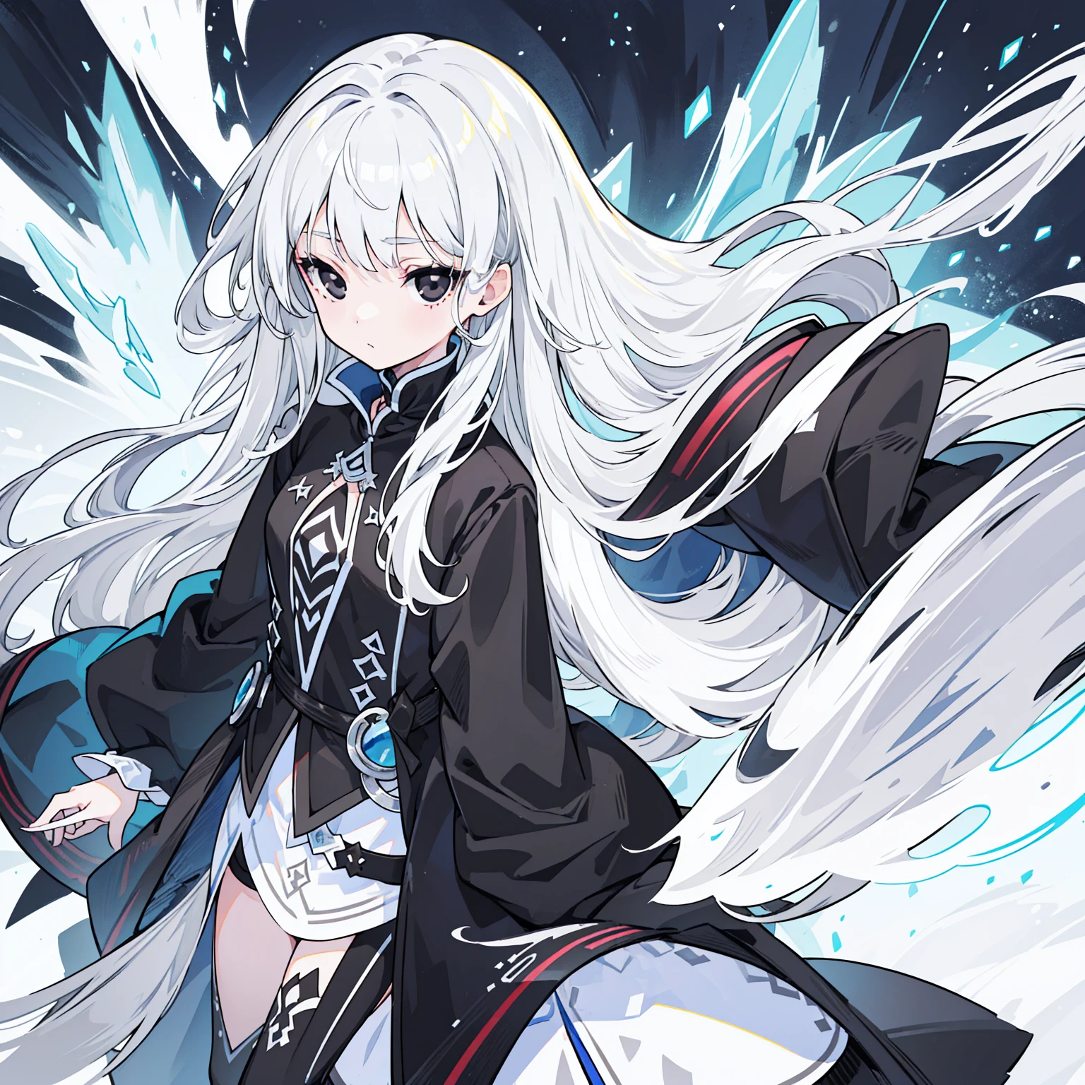 (Top image quality)、(Ultra Detailed)、(Facing forward)、top quality、masterpiece、(((1 girl)))、Silver Hair、white hair、((Long hair))、(black eyes:1.6)