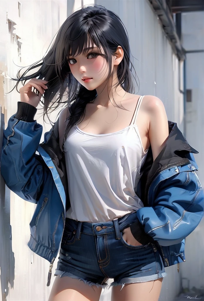 (masterpiece, best quality:1.2), 1 girl, alone , sexy , blue  jaket , cutoff-jeans , (cowboy shot) , black hair ,  white top