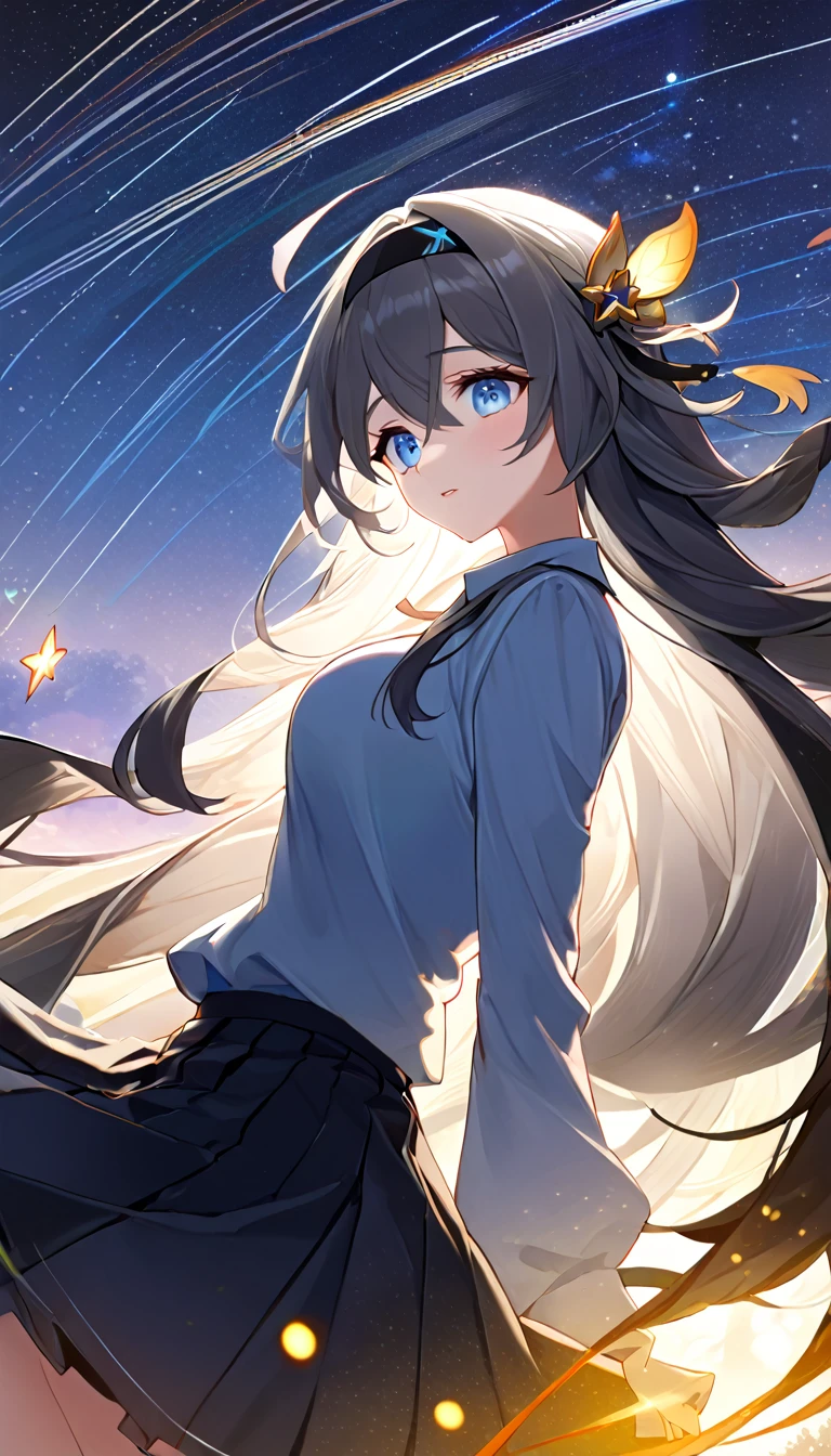 (best quality:1.3), (masterpiece:1.3), (illustration:1.3), (Extremely detailed:1.3), firefly \(Collapse: Star Trails\), 1 Girl, Solitary, Long hair, blue eyes, Bangs, skirt, Long sleeve, Hair accessories, Gray hair, Black hair band, Medium breasts, Hair between the eyes