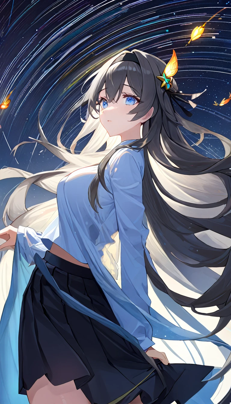 (best quality:1.3), (masterpiece:1.3), (illustration:1.3), (Extremely detailed:1.3), firefly \(Collapse: Star Trails\), 1 Girl, Solitary, Long hair, blue eyes, Bangs, skirt, Long sleeve, Hair accessories, Gray hair, Black hair band, Medium breasts, Hair between the eyes