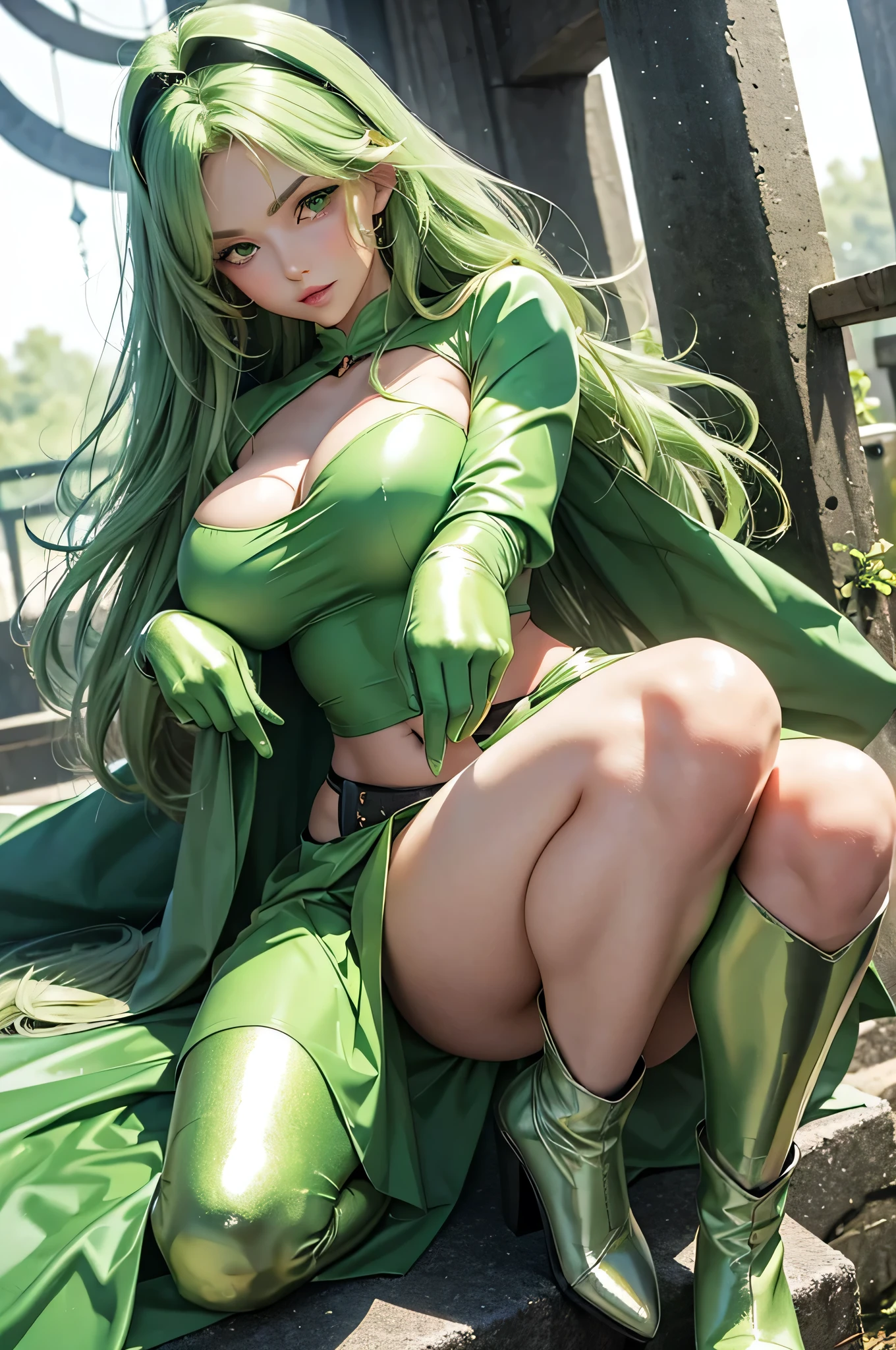 Full body, beatiful green eyes, blush, cute face,  (1 cute woman, solo: 1.1), very big breasts, long green hair, shiny green crop top, shiny green skirt, shiny green gloves, shiny green heel boots