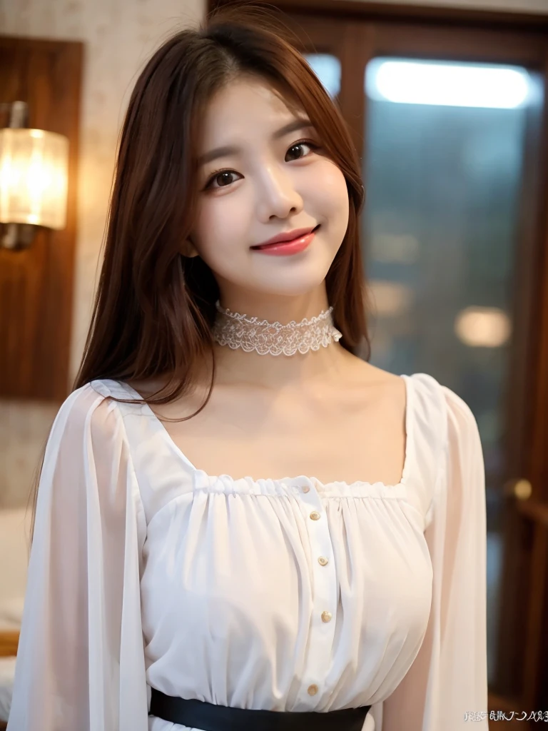 ulzzang-6500-v1.1, (RAW Photos:1.2), (Photorealistic), Beautiful detailed girl, (Genuine: 1.4), Very detailedな目と顔, Beautiful and fine details,  (Strapless blouse, flare skirt, Ultra-realistic pantyhose:1.2, Black choker)、Esbian all over、 (A very loving smile:1.2)、Large file size, High resolution, Very detailed, Highest quality, [masterpiece:1.6], Awareness-raising, Very detailed,  In detail, Highest quality, 8k wallpaper, Cinema Lighting, One Girl, ************, Perfect figure, Cute droopy eyes、Beautiful big eyes、 ((masterpiece)), Highest quality, One Girl, eye shadow, Upper Body, Portraiture, ((Full Body Shot:1.2))、