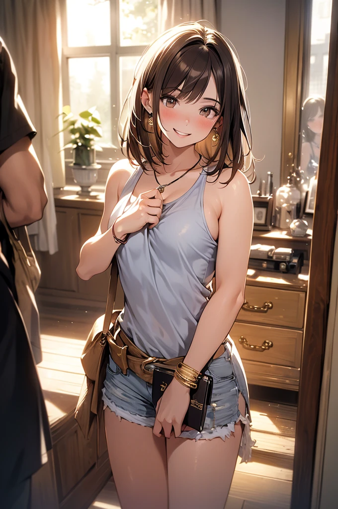 ((masterpiece, best quality, ultra quality, high quality, hyper detailed, intricate detailed, perfect anatomy, shiny skin)), ((upper body:1.2)), (three women are posing for a camera:1.4), (indoors, bed, pillow:1.2), (Lift up your camisole), (full nude:1.4), (smile, shy, red cheek, blush:1.2), (Open your mouth:1.6), (Stand in line) , brown hair, blond hair, navel, jewelry, looking at viewer, necklace, long hair, short hair, Abdominal muscles, straight hair, bob cut, blunt bangs, silky hair, hair clip, hair band, hair ribbon, one-length haircut, ducktail, outward curled hair, French twist hair, twintails, side ponytail, single braid, wavy hair,