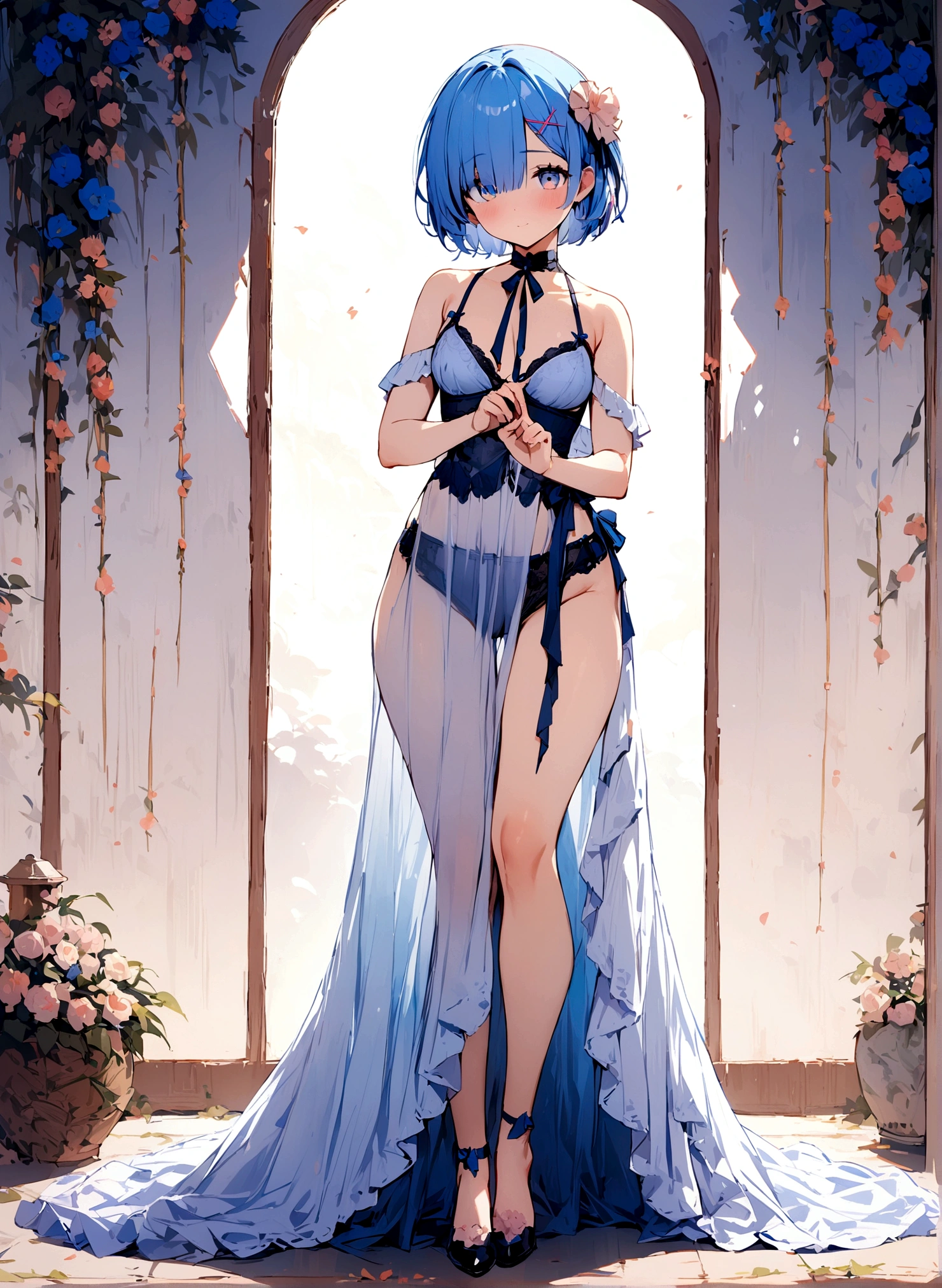 masterpiece, Highest quality, Rem, One Girl, lingerie,Beautiful Eyes,Blue Hair,whole body,Are standing