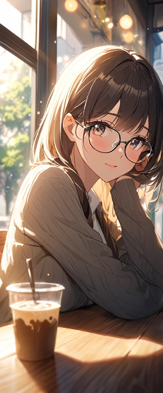 Close-up of beautiful girl with rimless glasses sitting in cafe,Looking out the window.There is a cup of ice coffee on the wooden table(整個頭部Looking out the window.The moment the sun shines)Surrounded by the dazzling afternoon sun, shadow and shade textures,The whole scene looks lazy and romantic, Effortlessly elegant aesthetics.。Cafe bokeh background