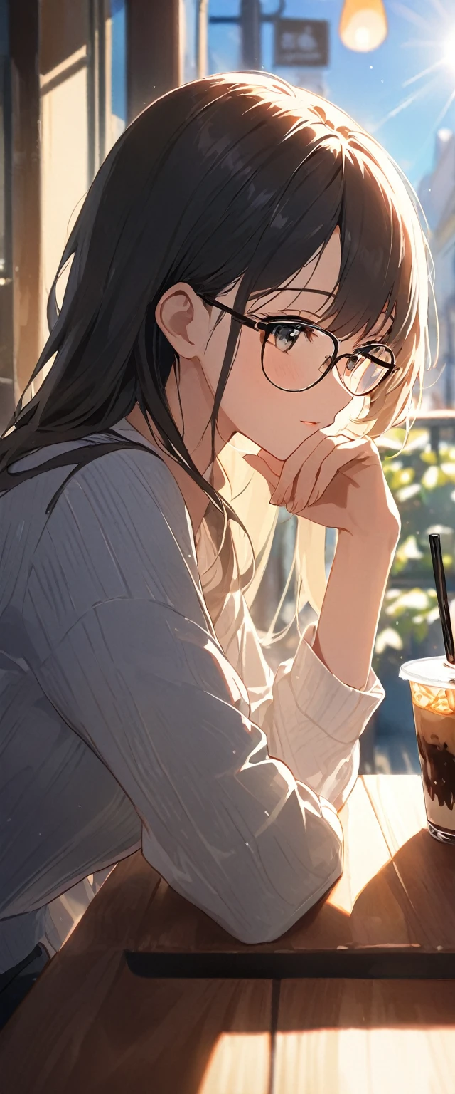 Close-up of beautiful girl with rimless glasses sitting in cafe，Looking out the window.There is a cup of ice coffee on the wooden table(整個頭部Looking out the window.The moment the sun shines)Surrounded by the dazzling afternoon sun, shadow and shade textures，The whole scene looks lazy and romantic, Effortlessly elegant aesthetics.。Cafe bokeh background