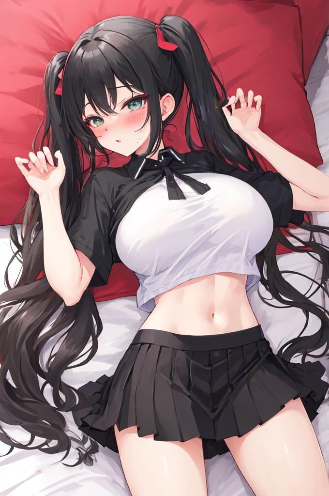 A woman with big ,Black long hair,twintails,Exquisite,Short shirt,skirt,Slim waist,Show your belly button,blush,bedroom,Bright Light,ahegao,