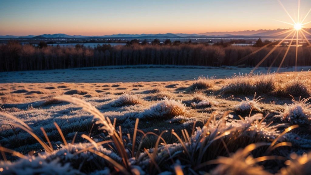 frost on the field, sunrise, extreme cold, grass