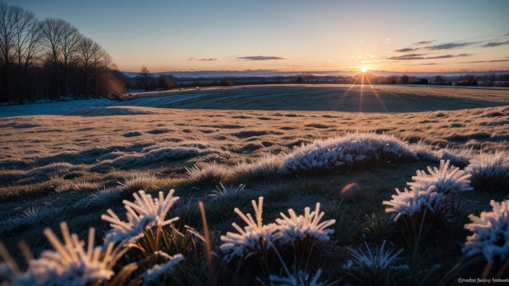 frost on the field, sunrise, extreme cold, grass