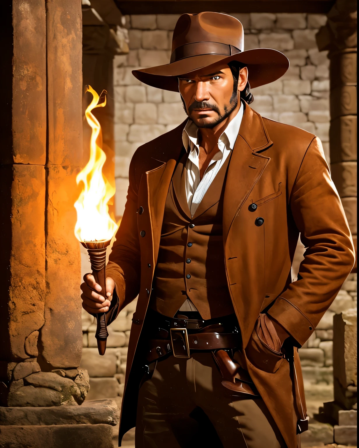 In the style of Argerm, A Man From Indiana Jones Series, Wear Brown Hat, Brown Jacket, Handsome Man, Holding Torch in Ancient Temple, Half Body, Left hand wear old clock, (Background Ancient Temple), In the dark,