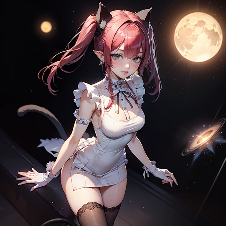 1girl, white maid dress, jewelry, violet hair, flowing hair, short hair, twintails, white maid dress with a short skirt and layers, red laces, red boots, white dress with transparency, gold details on her clothes, cat ears, animal ears,  more details, perfectly body, perfectly hands, two hands, two legs, two arms, five fingers, glowing hair, best quality, tiara, cat ears, tail ornament, tail bow, white gloves, two cat tail, alone, maid headdress, choker, detached sleeves, maid dress, maid white dress, strapless, masterpeice, best quality, detailed face, night, asymmetrical gloves, bangs, white short skirt, earrings, elbow gloves, fishnet thighhighs, fishmasterpeice, solo, best quality, detailed face, gloves, hair between eyes, jewelry, looking at viewer, single earring, sky, sleeveless, solo, thigh boots, thighhighs, tongue, tongue out, uneven gloves, solo, alone, Looking at the viewer, More details on the clothes, magenta roses on her hair, space scenery, maid, maid dress, magenta details, magenta roses, maid headdress, maid apron, wave hair, seat on the Saturn rings, more details on her clothes, gold details on her clothes, space, smiling, standing her hand to a viewer, looking at the viewer, in the background a several asteroids glowing with fiery auras, Dramatic lighting from distant stars and planets illuminates the scene, looking at the vast and mysterious universe, cowboy shot, upper body portrait, more details, sparkle,