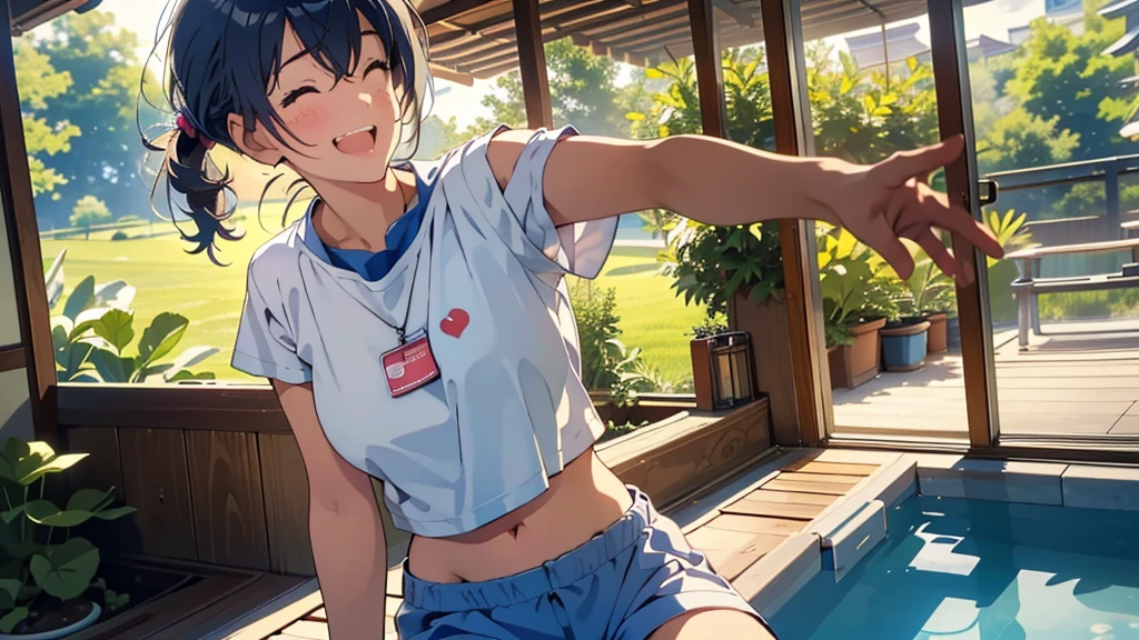 masterpiece,best quality, ultra high res,(beautiful girl:1.4), (beautiful Busty breasts:1), (happy:1.2), (enjoy:1.2), (dark hair:1), (short low ponytail:1.2), medium hair,a sexy mole around the mouth,wet lip, (burst into laughter:1.4), (squinting:1.4), (simple plain uniform:1.5),(gym uniform:1), school gym clothes, (plain:1.8),(wearing round neck white t-shirt:1.2), navy blue short Sweatpants , upper body shot, ((In a large empty pool)), Pool cleaning, (clean), low angle from below, An old anime school girl character sitting sitting in the terasse of an old japanese house, relaxing at the view of her garden. summer vibes. The colors are soft and pastel, with soft lighting and a nostalgic ambiance, Lo-Fi, , cute girl, side view