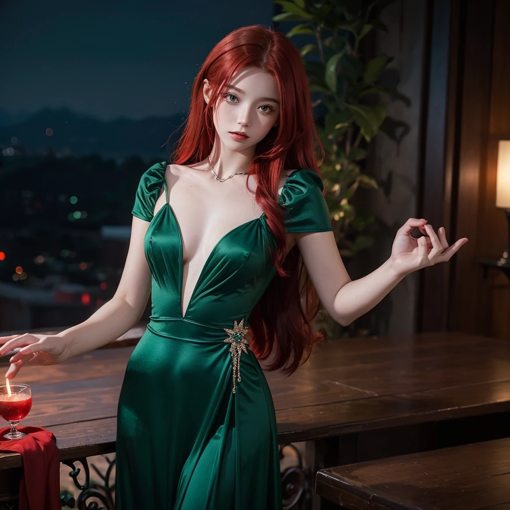 night image, a lonely girl, with red hair and emerald green dress, with red magic in his hands and he is looking at his hand