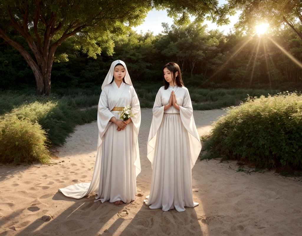 make a girl with high definition of facial expressions, beautiful in white with transparent clothes almost like an angel praying. Create an inspiring image for a morning prayer that brings peace and encouragement to people of all faiths. The image should convey a sense of tranquility, Hope and unity. Include the following elements: Scenery at Dawn: Show a beautiful sunrise in a natural environment, SOM uma montanha, beach or countryside, symbolizing a new beginning and endless possibilities. Nature Elements: Include trees, flowers, or a serene body of water, that bring a feeling of calm and connection with nature. People in meditation: Show some people from different backgrounds and cultures sitting or standing, in meditation or prayer postures, symbolizing unity and diversity. smooth light: Use soft, warm light to highlight the serenity and peace of the moment, with sunbeams softly illuminating the scene. Inspiring Text: Include a short, inspiring message in the image, SOM "Start your day with peace and hope" in an elegant and subtle font. The image should evoke feelings of gratitude, joy and serenity, inspiring viewers to start their day in a positive and centered way.