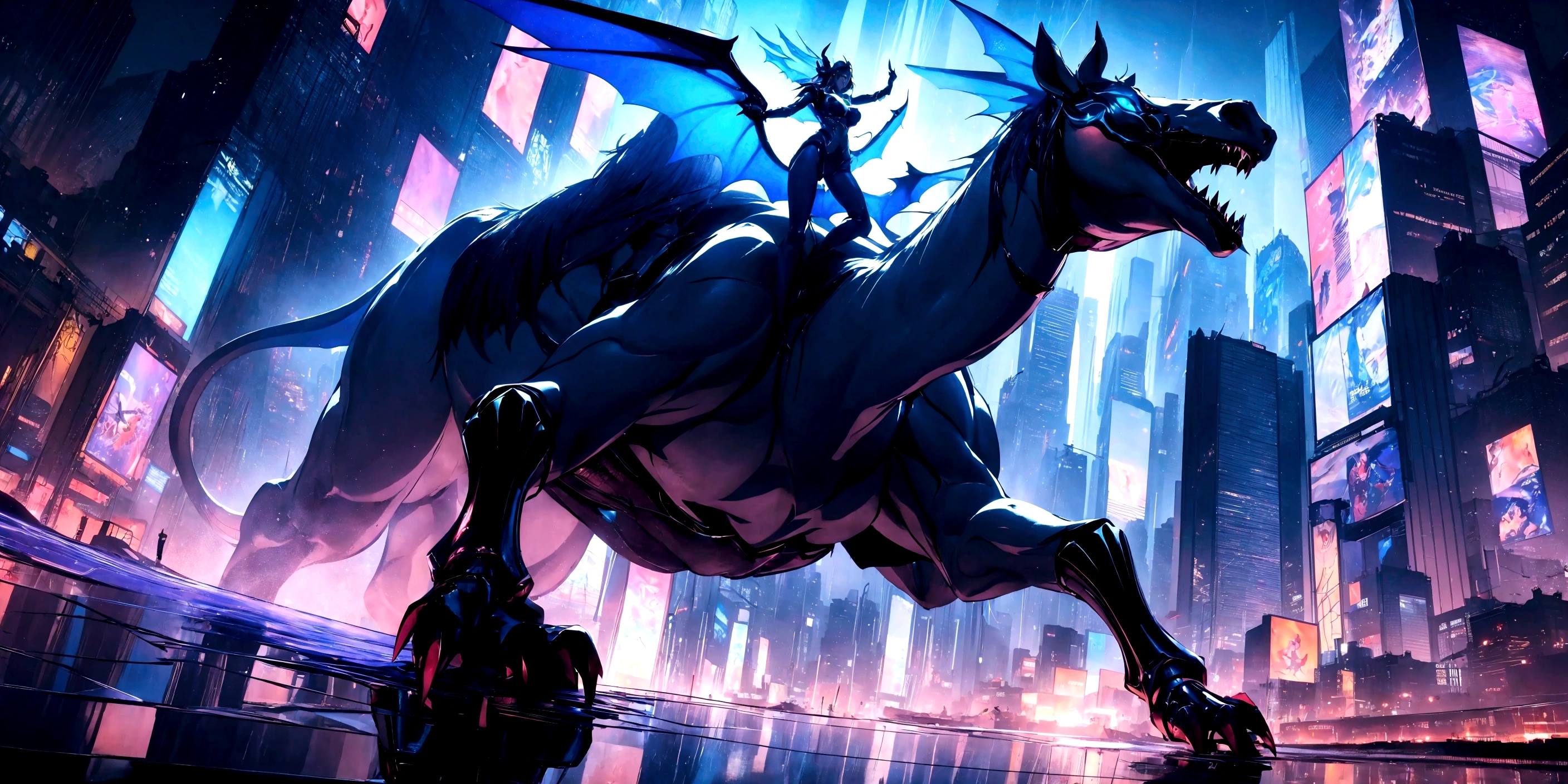Cartoon style image of a dragon riding a horse through the city, Spectacular artwork of anime, Ultra HD Anime Wallpaper, Artjam and Athi Gairan, Artgerm and Lost Rose, 2. 5d cgi anime fantasy artwork, Hero pose Colorful city lights, Spectacular anime style, Digital Cyberpunk Anime Art, Jaza and Lost Rose, rossdraws cartoon vibrant