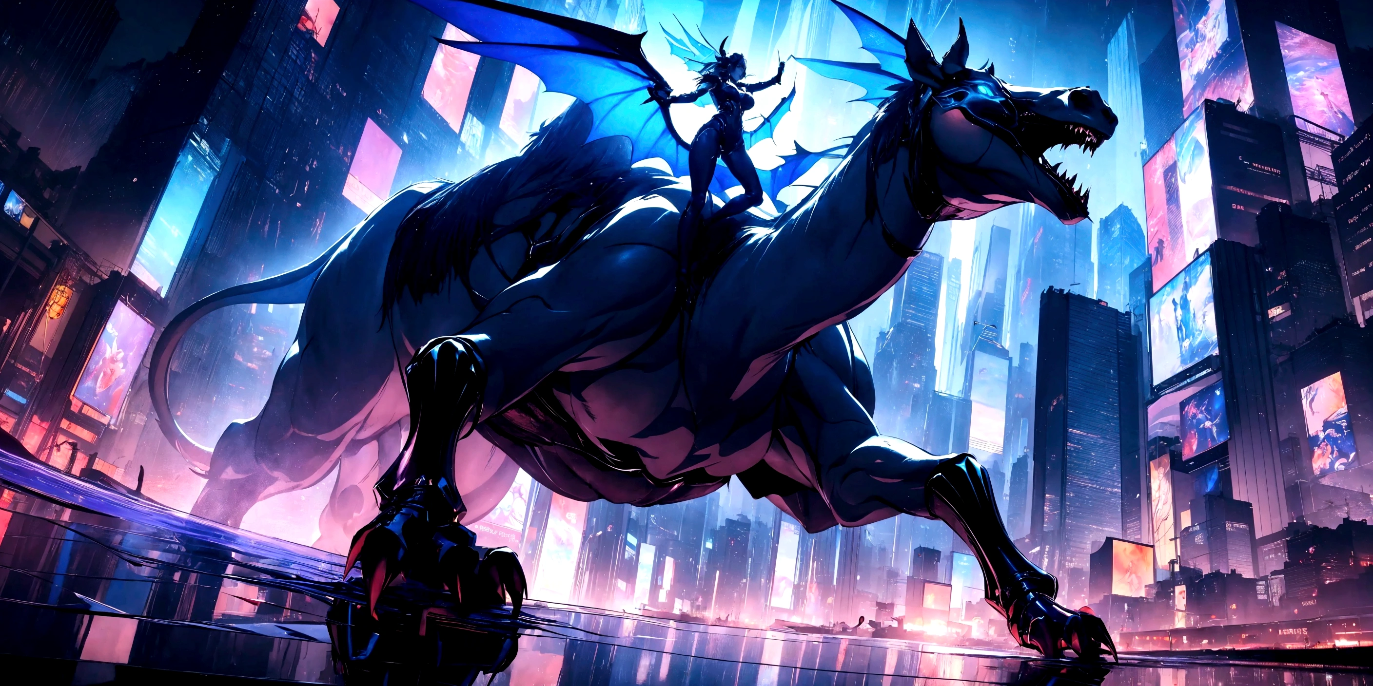 Cartoon style image of a dragon riding a horse through the city, Spectacular artwork of anime, Ultra HD Anime Wallpaper, Artjam and Athi Gairan, Artgerm and Lost Rose, 2. 5d cgi anime fantasy artwork, Hero pose Colorful city lights, Spectacular anime style, Digital Cyberpunk Anime Art, Jaza and Lost Rose, rossdraws cartoon vibrant