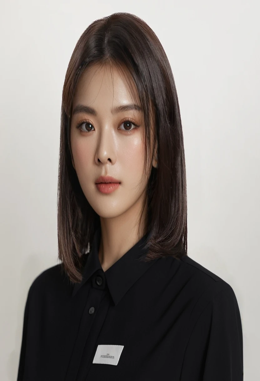 Best Quality, 8k, Masterpiece, (Portrait: 1.3), (photo realistic:1.4), (hyper realistic:1.4), Sharp Focus, looking at viewer, (smoother lighting:1.1), (increase cinematic lighting quality:0.9), realistic lighting, backlighting, light on face, ray trace, (brightening light:1.2), (Increase quality:1.4), sharp detail, (best quality real texture skin:1.4), finely detailed eyes, black_eyes, finely detailed face, 25 year old Korean woman, (white formal_shirt:1.4), (Create an image maintaining the original base model hairstyle:1.5)
