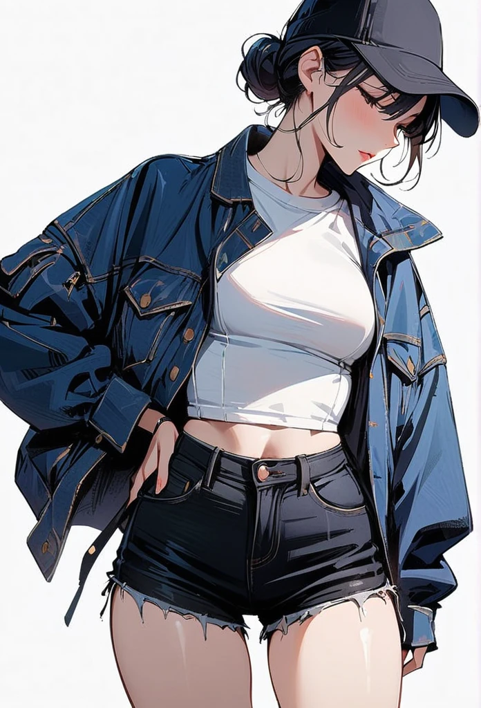 (masterpiece, best quality:1.2), 1 girl, alone , sexy , blue jaket , cutoff-jeans , (cowboy shot) , black hair , white top
