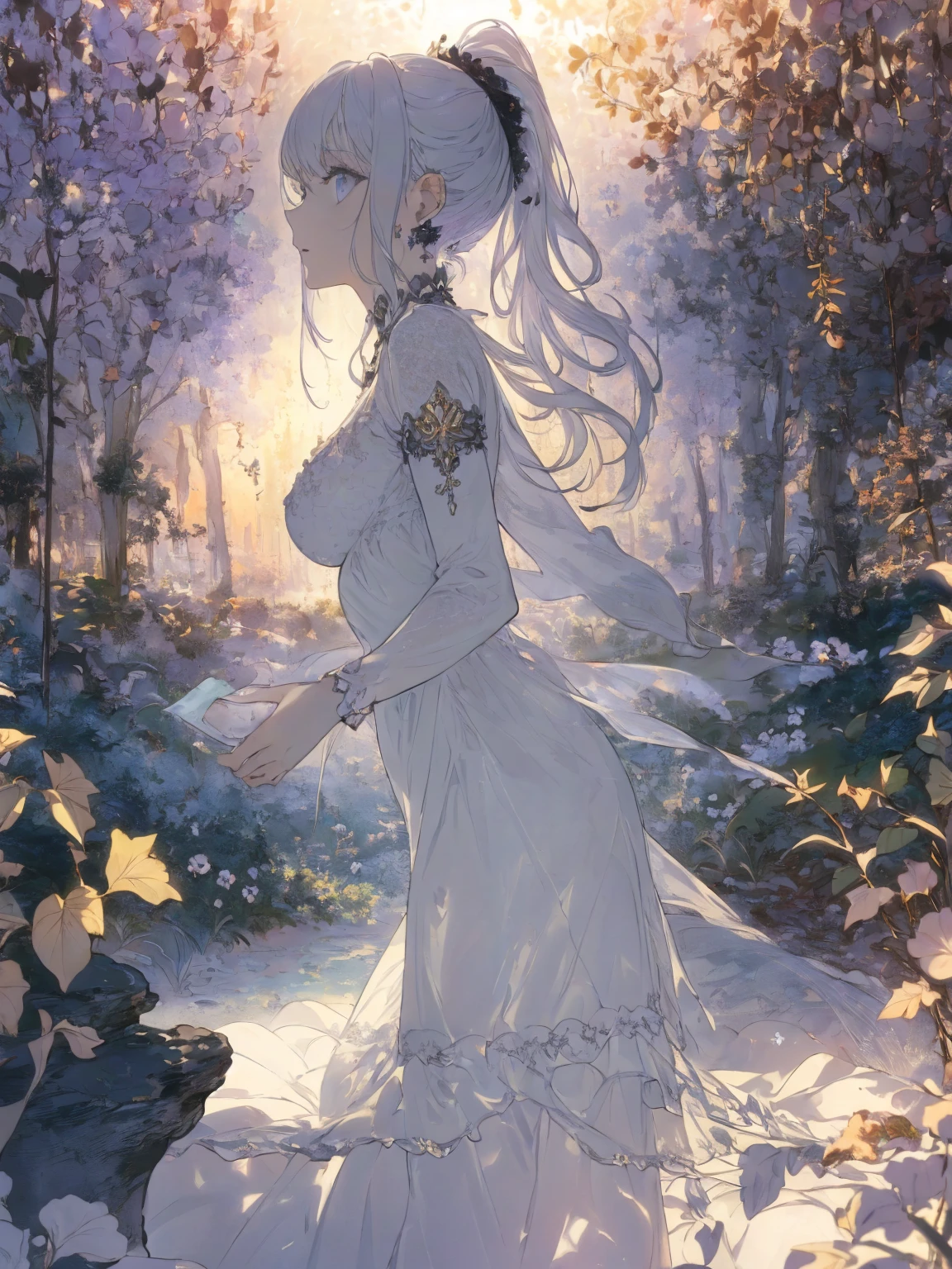 (landscape photo, with a woman in the bottom right of photo:1.5, in white garden:1.5), Masterpiece, best quality, (very detailed CG unity 8k wallpaper), (best quality), High definition RAW color art, Animation,sculptures, (black Marble Skin), (((Ultra detailed elegant))), Magical atmosphere, Detailed skin, Texture,(Intricately detailed, Fine detail, ultra-detail art), depth of fields, bokeh, Silky Touch, Hyper Detail, beautiful eyes, Elegant Face, (profile posing), sparkle background, enormous breast:1.4,  (silver hair), pastel purple, witchcraft dress, ponytail:1.1, embarrassing face, ivy,  Dramatic Light, smiley, Frills, sunset, cross:1.3