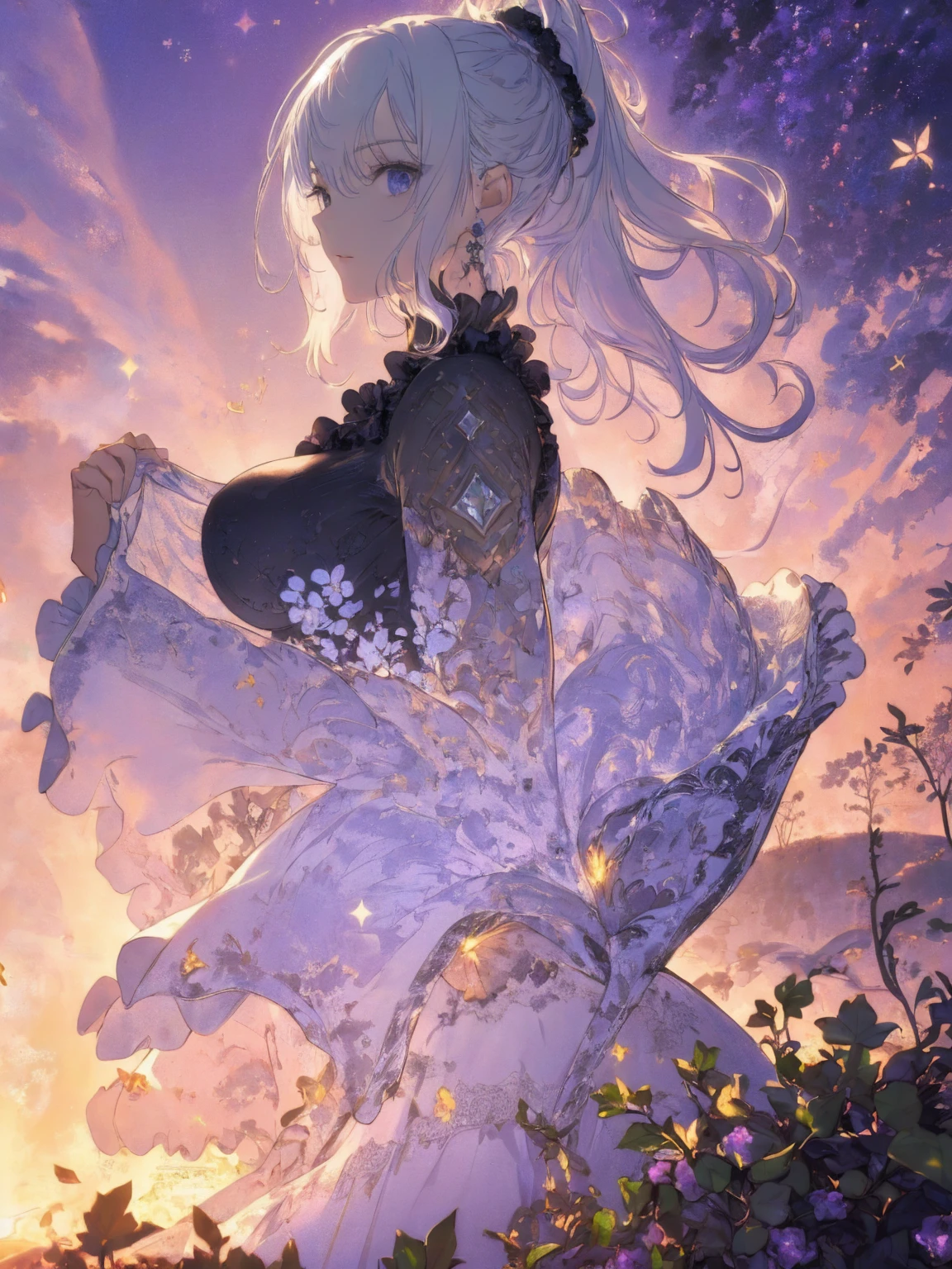 (landscape photo, with a woman in the bottom right of photo:1.5, in white garden:1.5), Masterpiece, best quality, (very detailed CG unity 8k wallpaper), (best quality), High definition RAW color art, Animation,sculptures, (black Marble Skin), (((Ultra detailed elegant))), Magical atmosphere, Detailed skin, Texture,(Intricately detailed, Fine detail, ultra-detail art), depth of fields, bokeh, Silky Touch, Hyper Detail, beautiful eyes, Elegant Face, (profile posing), sparkle background, enormous breast:1.4, (silver hair), pastel purple, witchcraft dress, ponytail:1.1, embarrassing face, ivy, Dramatic Light, smiley, Frills, sunset, cross:1.3