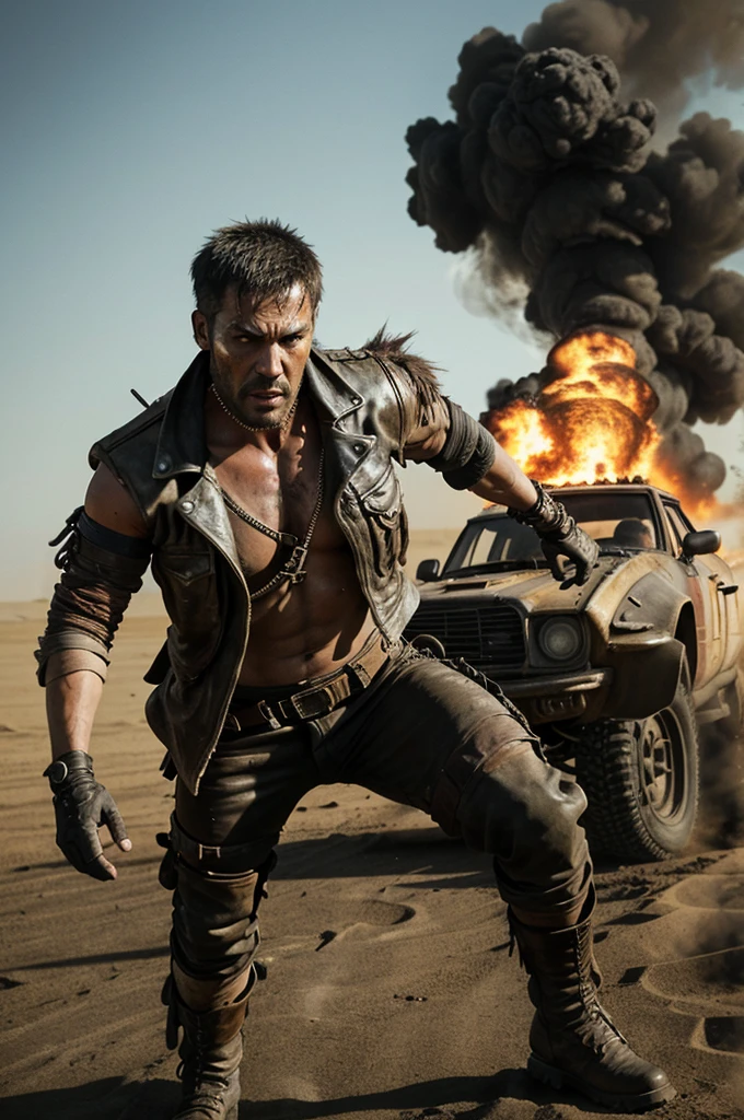 Action scene with @Diego as character from mad max, Marauders clothes, grunge, formidable. action pose. In the middle of action, action hero. Mad max fury road, Flames and smoke, dust. Fury road