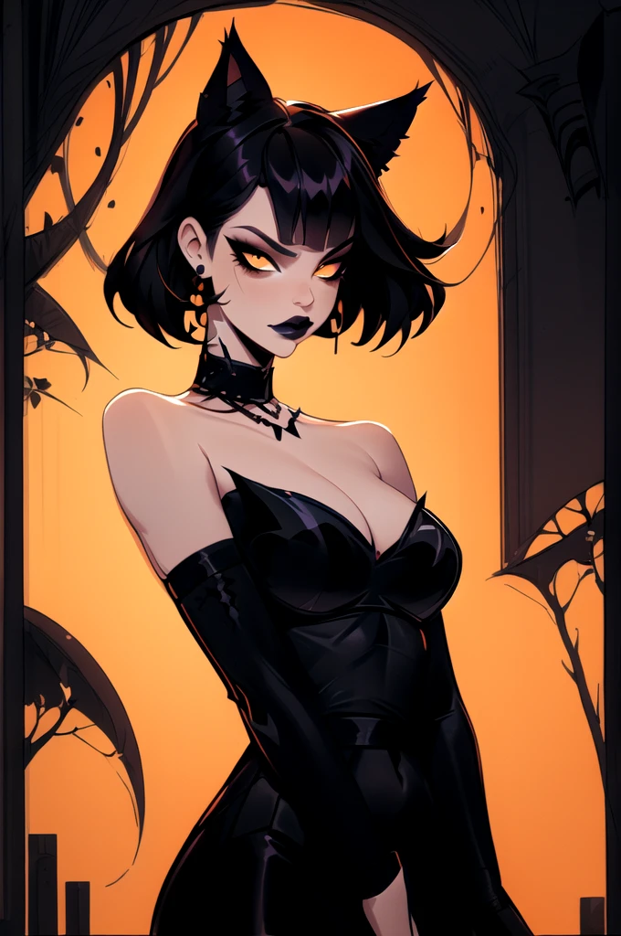 absurderes, trunk, black backdrop,
1 girl, standing alone, gazing at viewer, shorth hair, Bblack hair,  top cut, Cat's ears, busty, animal ears, sleeveless, strapless, orange eyes, trunk, make up, choker,  lipstick, ombre, orange background, Black Lips