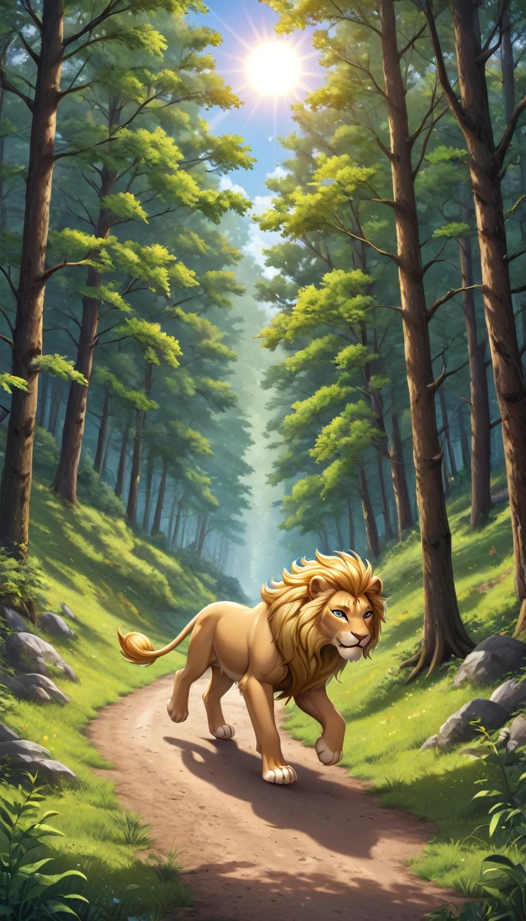 A lion cub with a golden mane, running joyfully through the forest, with the sun shining through the trees.