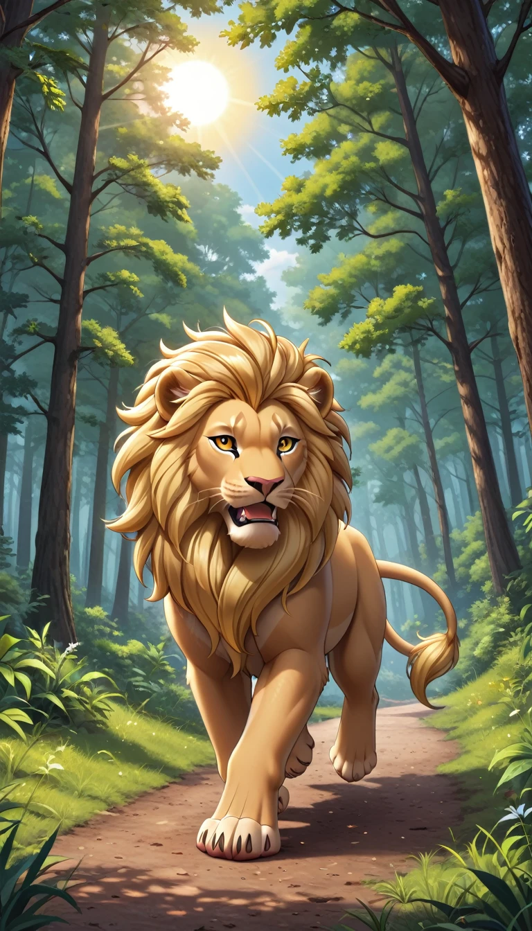 A lion cub with a golden mane, running joyfully through the forest, with the sun shining through the trees.