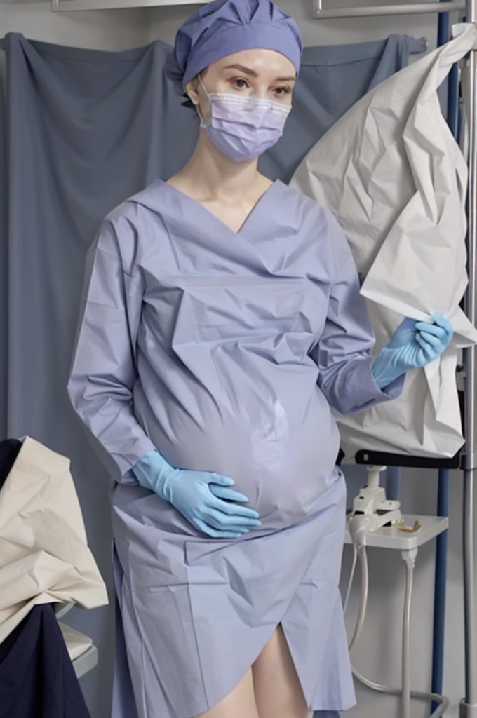 Score_9, Score_8_up, Score_7_up, highest quality, masterpiece, pale skin, surgical mask, surgical cap, long sleeve surgical gown, the dress is not crumpled, 9 pregnant, hide your hair completely,
1 girl, pregnant, solo, rubber gloves, looking down, operating bed, in the operating room, standing,