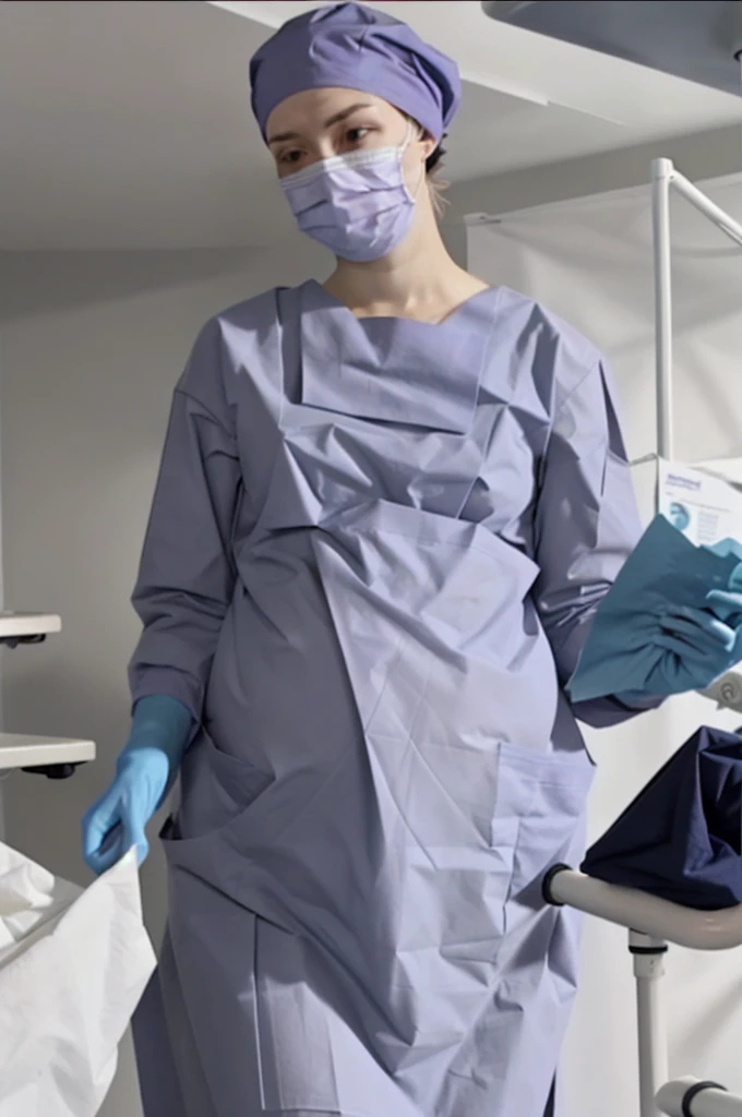 Score_9, Score_8_up, Score_7_up, highest quality,  masterpiece, pale skin, surgical mask, surgical cap, long sleeve surgical gown, the dress is not crumpled, 9 months pregnant, hide your hair completely,
1 girl, pregnant, solo, rubber gloves, looking down, operating bed, in the operating room, standing,