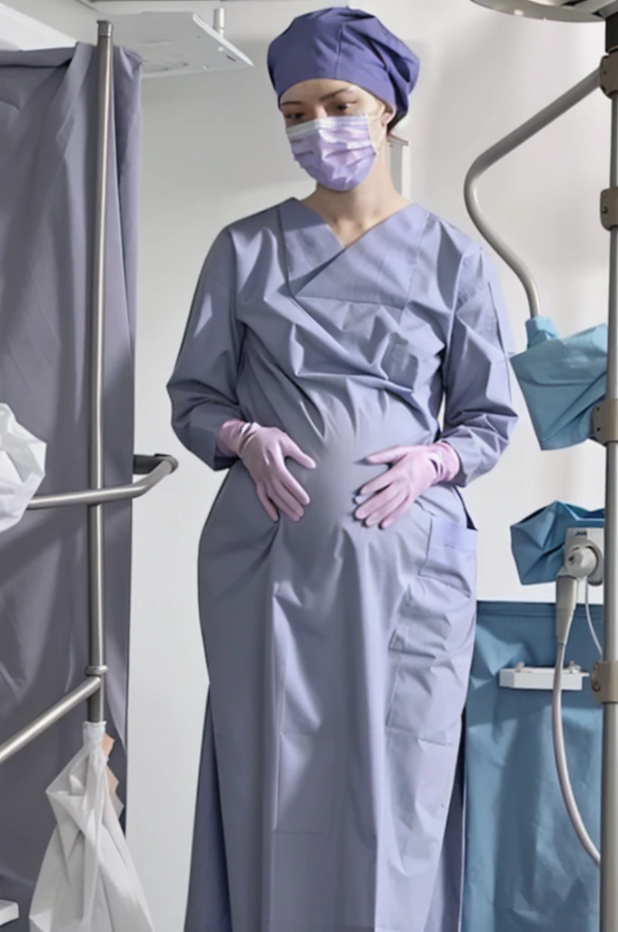 Score_9, Score_8_up, Score_7_up, highest quality, masterpiece, pale skin, surgical mask, surgical cap, long sleeve surgical gown, the dress is not crumpled, 9 months pregnant, hide your hair completely,
1 girl, pregnant, solo, rubber gloves, looking down, operating bed, in the operating room, standing,