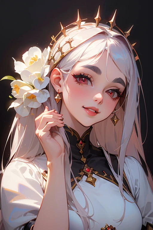 (Highest quality, masterpiece:1.2), High resolution, Very detailed, Realistic:1.37, Fantasy, An illustration, Red eyes, Queen, White Dress.Platinum decoration、beautifully、Eyeshadow Red、Thick eyebrows、Long eyelashes、pupils are black、Smiling with teeth showing、The background is white、Small breasts、kiss me、Kiss Face、Rose Background、shiny on the lips、ここでkiss me、