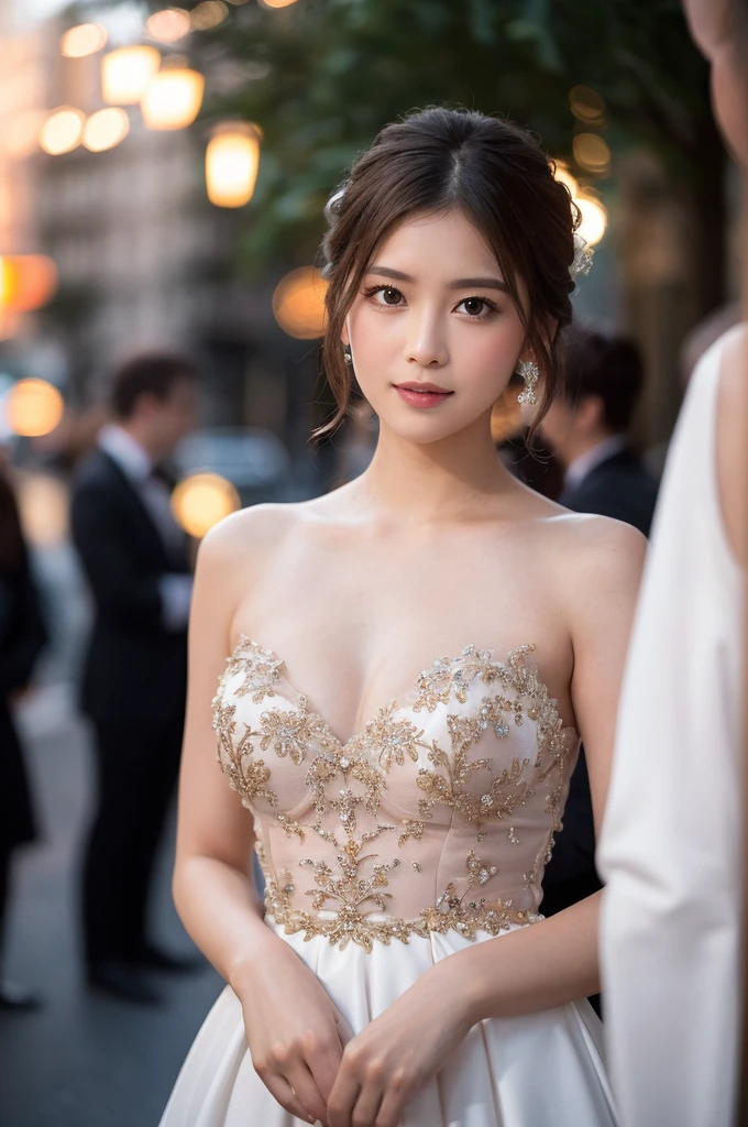 (masterpiece:1.5)、(Realistic:1.5)、(Highest quality:1.4、8K、RAW Photos)、 Ultra-high resolution、Professional Lighting、Perfect dynamic composition、Outdoor Shot、 Film Grain、chromatic aberration、(Bokeh:1.1)、 Frank、Sophisticated、charm、Surreal、High detail、Golden Ratio、 (1 Girl)、Slender girl、繊細でcharm女の子、Cute Woman:1.4、 Serious expression、Looking at the audience、Various poses、 Light brown hair、Shiny Hair、Hairstyle: ponytail、 Realistic looking skin、 shut up.、Beautiful Eyes、double eyelid、Thin arms、、 (majestic style, sophisticated and elegant, holy and mysterious:1.2),(wearing ball gown dress:1.2),