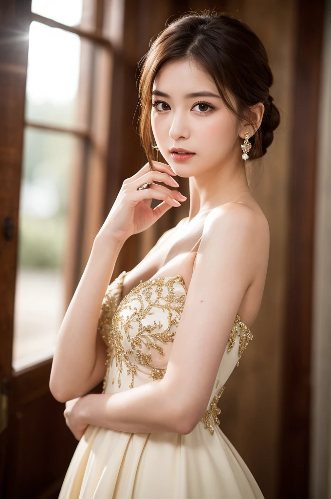 (masterpiece:1.5)、(Realistic:1.5)、(Highest quality:1.4、8K、RAW Photos）、 Ultra-high resolution、Professional Lighting、Perfect dynamic composition、Outdoor Shot、 Film Grain、chromatic aberration、(Bokeh:1.1)、 Frank、Sophisticated、charm、Surreal、High detail、Golden Ratio、 (1 Girl)、Slender girl、繊細でcharm女の子、Cute Woman:1.4、 Serious expression、Looking at the audience、Various poses、 Light brown hair、Shiny Hair、Hairstyle: ponytail、 Realistic looking skin、 shut up.、Beautiful Eyes、double eyelid、Thin arms、、 (majestic style, sophisticated and elegant, holy and mysterious:1.2),(wearing ball gown dress:1.2), 
