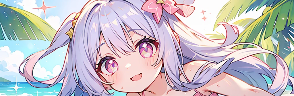 summer、1 girl、Silver Hair、((Pink sparkly eyes))、A sloppy smile、Open your mouth、Swimwear