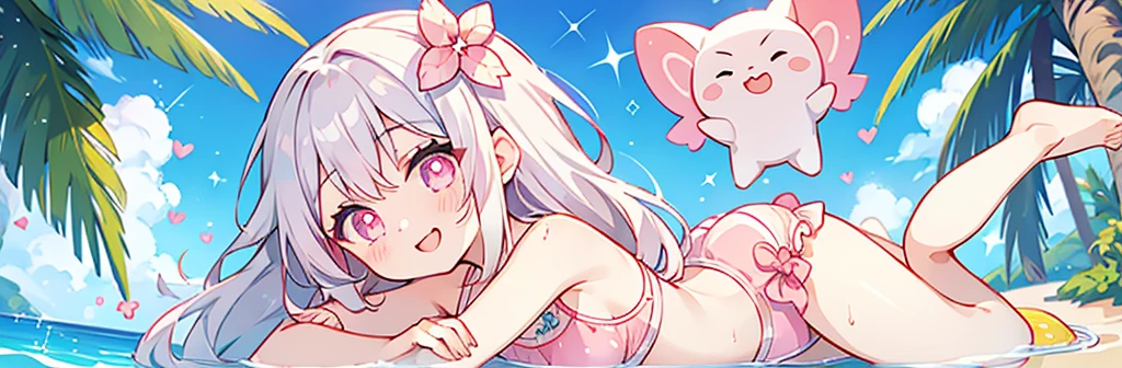 summer、1 girl、Silver Hair、((Pink sparkly eyes))、A sloppy smile、Open your mouth、Swimwear
