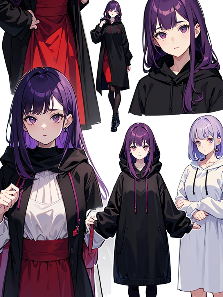 Mature face,tall, (Ink blotches:1.1), (pale:1.2),(purple:1.2),(Red/Black:1.2), Wearing black tights, Wearing a hoodie, Black clothes, The skin is hidden, I was wearing long pants,cool,Dressed in a black robe, Toned body, Wine red hair, one big woman,Updo, Nervous,Cowboy Shot, sketch (Character design sheet, same characters, whole body, Three-View, front, ~ ~ ~ side, return),(Very bright:1.1), White Background, [1 Girl:7], (Tilt your head:1.2), ([sketch|watercolor \(Moderate\)]:1.15),Chaotic Abstract Background, Vector Trace, Gradient Blending, Bright colors, that&#39;wonderful, Very detailed, Complex, (Very low contrast:1.4(