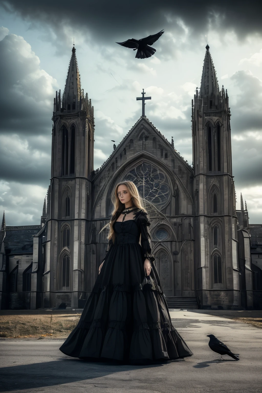 1girl,dress,bird,solo,black dress,long hair,gothic,cloud,sky,church,outdoors,blonde hair,long dress,standing,day,cloudy sky,castle,shadow,crow,long sleeves,cross,