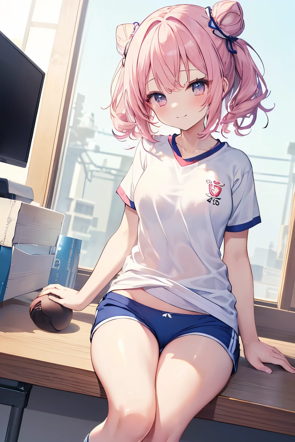 Pink hair Pink eyes、 girl、Small breasts、Hair Bun、girl、Small breasts、A cheerful smile、Looks about 、Petan Musume、He is short、gym、【prompt】

BREAK (Japanese school old style sportswear:1.3), ((soft cotton material, non-shiny material):1.3), (oversized soft cotton short sleeve white tunic with U-neck:1.4), (blue lines on tops outline:1.3), ((Slim fit, closed-fitting) (deep-blue panties shorts, soft cotton deep-blue competition micro shorts, soft cotton deep-blue bloomers):1.3), ((groin, upper thigh skin):1.3), (white socks:1.3), (sports shoes:1.2),