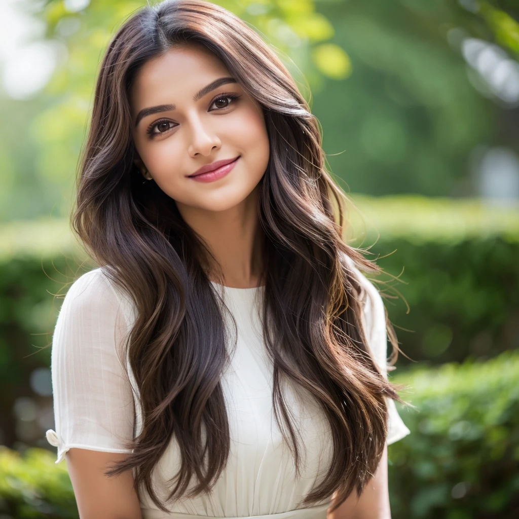 A beautiful Indian girl with a very pretty face, her almond-shaped, dark brown eyes are expressive and often highlighted with elegant makeup. She has a straight nose, full lips and a bright smile that accentuates her dusky complexion. Her long, thick hair is usually styled in soft waves or a sleek, straight look. Deepika has a tall and slender athletic build, standing approximately 5'9" tall. She has a curvy physique, long legs and graceful posture, which is often accentuated by her fashion-forward style sense.Best Quality, 4k, 8k, High-Res, Masterpiece: 1.2), Ultra-Detailed, (Realistic, Photorealistic, Photorealistic: 1.37), Portrait, Instagram Model, (Positioned calmly looking into the camera)