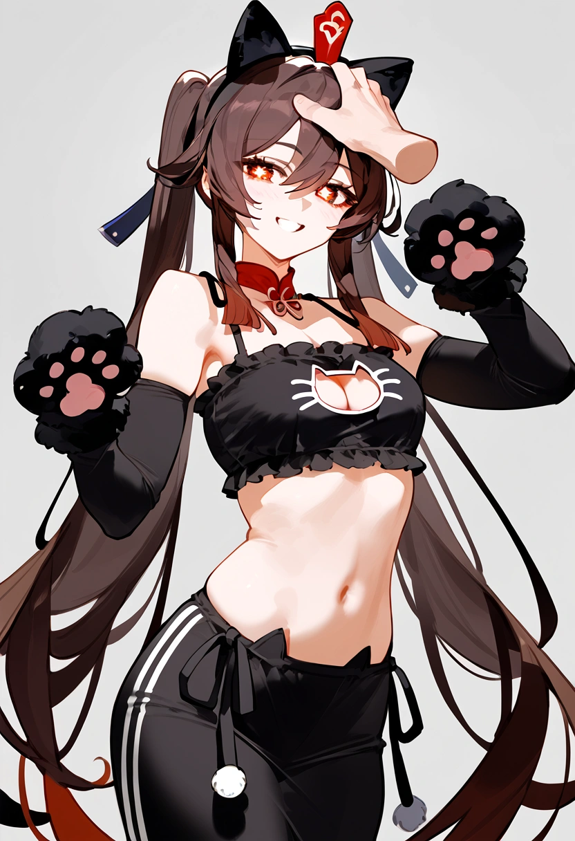 anime artwork, score_9, score_8_up, score_7_up, score_6_up, score_5_up, score_4_up, hu tao, she is 24 years old, style_3, gray background, , , , , _, fake cat ears,, smile, solo, cat lingerie, paw gloves, disembodied hand on her head