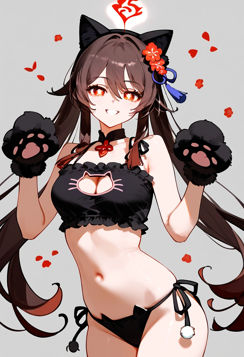 anime artwork, score_9, score_8_up, score_7_up, score_6_up, score_5_up, score_4_up, hu tao, she is 24 years old, style_3, gray background, , , , , _, fake cat ears,, smile,  solo, cat lingerie, paw gloves, disembodied hand on her head