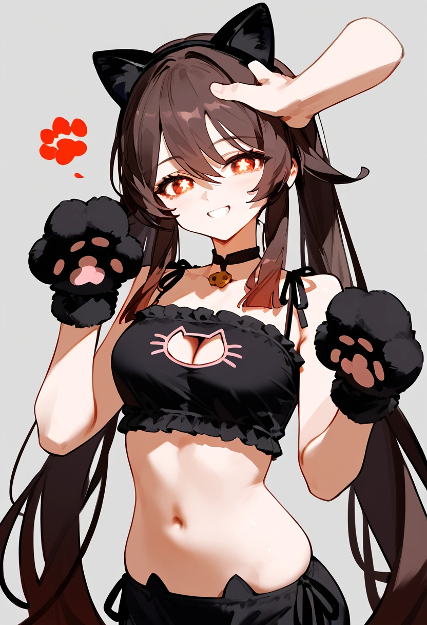 anime artwork, score_9, score_8_up, score_7_up, score_6_up, score_5_up, score_4_up, hu tao, she is 24 years old, style_3, gray background, , , , , _, fake cat ears,, smile,  solo, cat lingerie, paw gloves, disembodied hand on her head