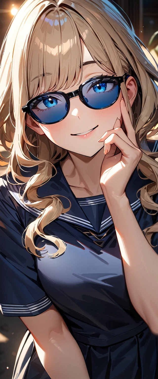 (((One girl))), ((beach)), noon, blond hair, Wavy Hair, bob cut, breasts, from front, (cowboy shot), standard body, (looking at viewer), ((dark blue serafuku)), dark blue skirt, (()), ((sunglasses)), hand to sunglasses, teenager, head tilt:1.3, (((blue eye))), ((happy smile)), anime style, (best quality, 4k, 8k, highres, masterpiece:1.2, ultra-detailed, ultra-detailed eyes, HDR, UHD, studio lighting, ultra-fine painting, sharp focus, physically-based rendering, extreme detail description, professional, vivid colors, bokeh), ((Highest quality, Best image quality, Ultra-high resolution, Ultra-high resolution, solo, Strong eye highlights)), Depth of written boundary, Natural soft light, attractive, Beautiful Face, Cleanliness, Pure Face, nedium chest, Beautiful Face, Perfect Fingers, Perfect hands, Perfect body, Perfect Face, Shine a light into your eyes, Perfect Anatomy