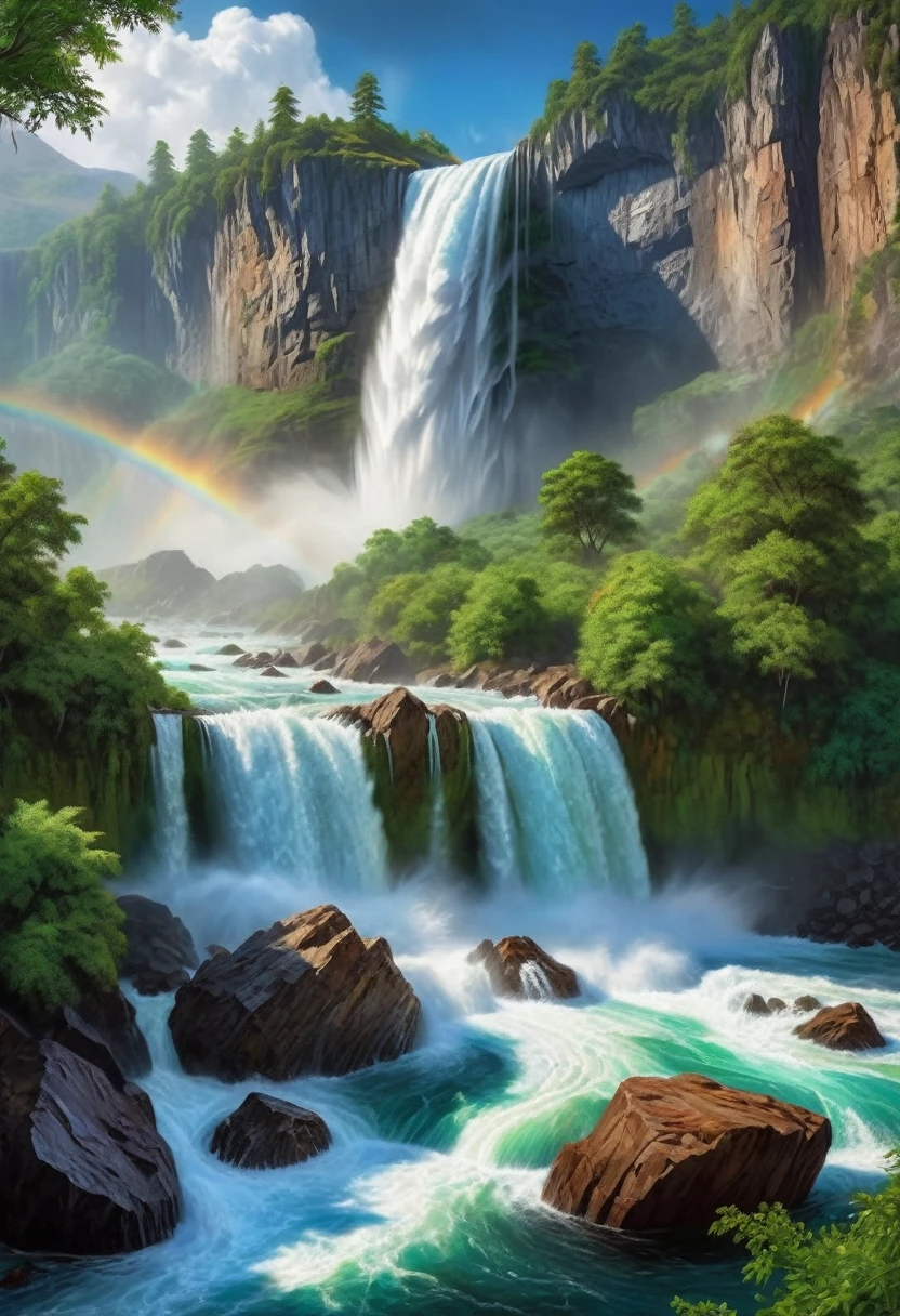 "(best quality, 4k, 8k, highres, masterpiece:1.2), ultra-detailed, (realistic, photorealistic, photo-realistic:1.37), monumental waterfall, oil painting, dramatic, powerful, roaring, cascading, thunderous, mountains collapsing, seas pouring out, awe-inspiring, dynamic, shimmering rainbows, mist, spray of water droplets, rocks and boulders, lush vegetation, HDR, studio lighting, vibrant colors, warm and cool tones, interplay between light and shadow."