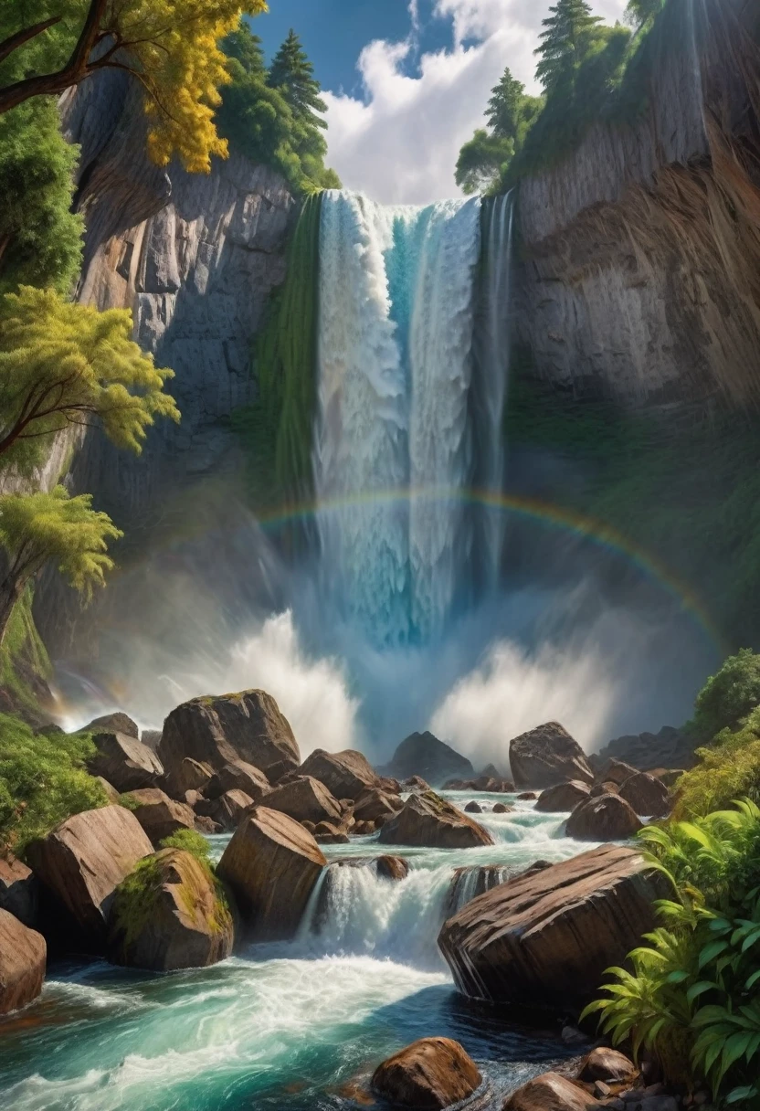 "(best quality, 4k, 8k, highres, masterpiece:1.2), ultra-detailed, (realistic, photorealistic, photo-realistic:1.37), monumental waterfall, oil painting, dramatic, powerful, roaring, cascading, thunderous, mountains collapsing, seas pouring out, awe-inspiring, dynamic, shimmering rainbows, mist, spray of water droplets, rocks and boulders, lush vegetation, HDR, studio lighting, vibrant colors, warm and cool tones, interplay between light and shadow."