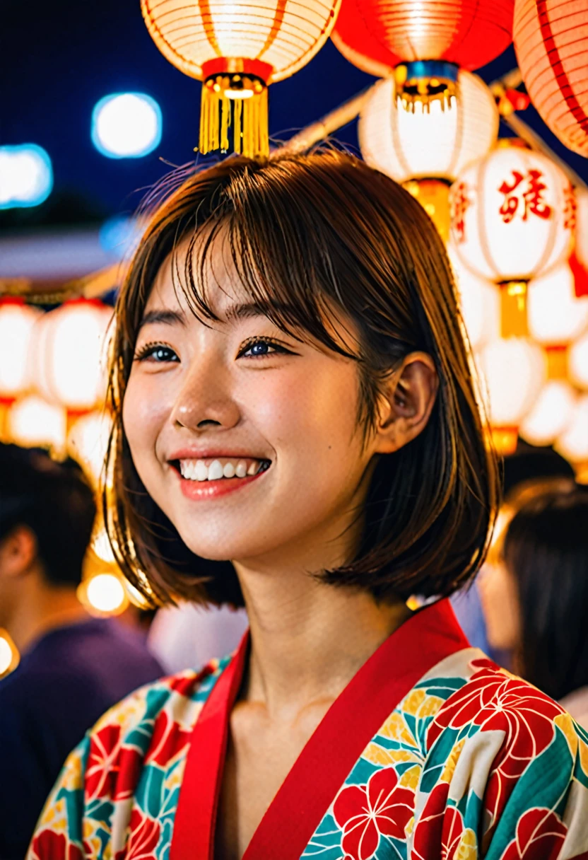 ultra real portrait photo, highly detailed, dynamic angle, beautiful detailed, 8k,lively expression,Beautiful 19 year old, intelligent and sophisticated Japanese girl. Hair in a bob, smile that exudes kindness and young power,in yukata visiting food stalls on a summer festival night. Lit by lanterns, laughing with friends, and looking up at the fireworks, the moments are filled with the joy of youth,as if taken with a Canon camera
