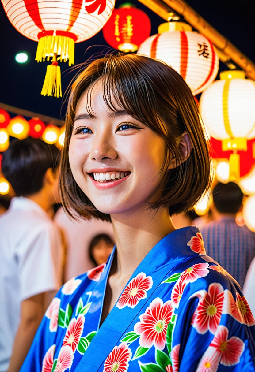 ultra real portrait photo, highly detailed, dynamic angle, beautiful detailed, 8k,lively expression,Beautiful 19 year old, intelligent and sophisticated Japanese girl. Hair in a bob, smile that exudes kindness and young power,in yukata visiting food stalls on a summer festival night. Lit by lanterns, laughing with friends, and looking up at the fireworks, the moments are filled with the joy of youth,as if taken with a Canon camera
